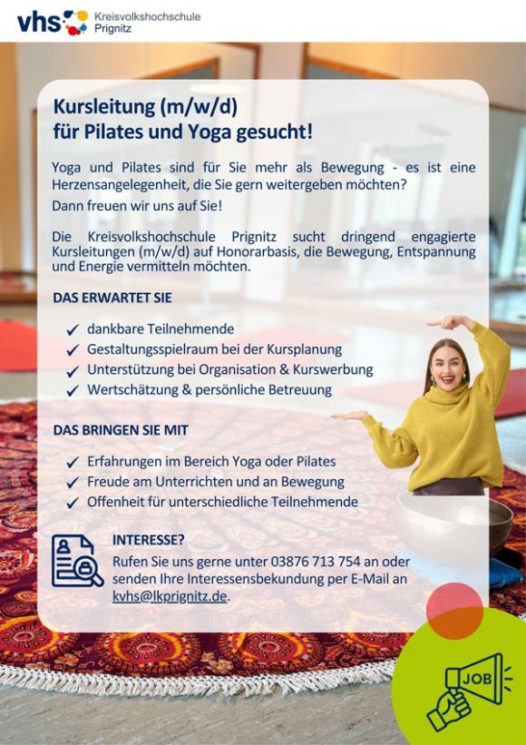 Kursleitungen (m/w/d) für Pilates oder Yoga gesucht