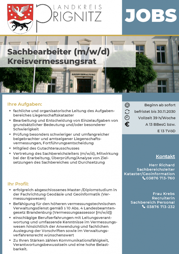 Sachbearbeiter (m/w/d) Kreisvermessungsrat - befristet bis 30.11.20230 - Seite 1